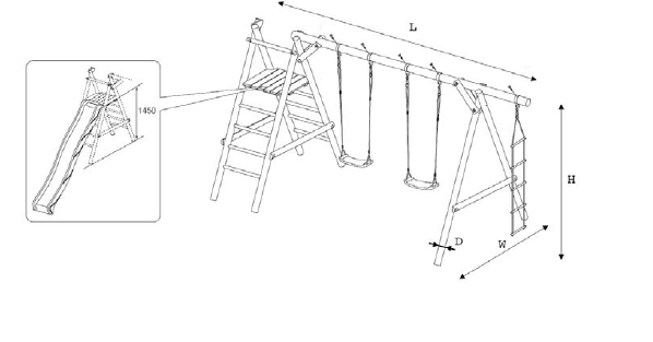Kaydırmalı ve ip merdivenli iki kişilik salıncak için malzeme, ø10cm
